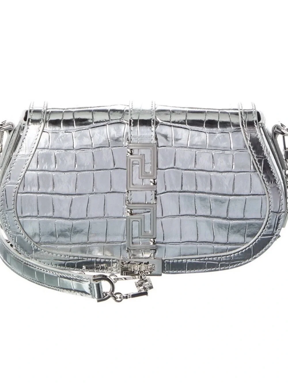 Versace Silver Croc-Embossed Crossbody Saddle Bag